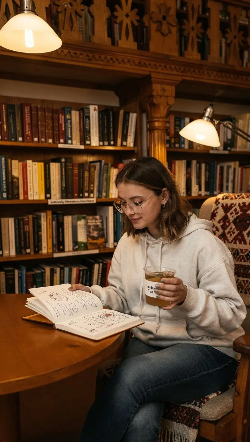 Šviesus kambarys su arbatos puodeliu ir užrašų knygele, skatinančia ramų gyvenimo ritmą.