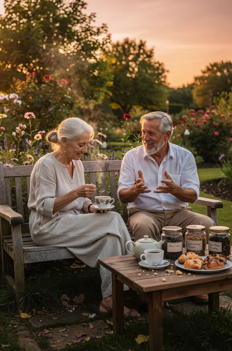 Ramybės akimirka su arbatos puodeliu ant medinio stalo šalia užrašų knygelės.