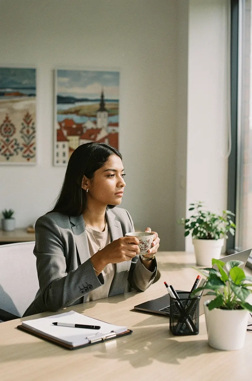 Švelnios arbatos lapeliai ir garuojantis puodelis, kviečiantis atsipalaiduoti.