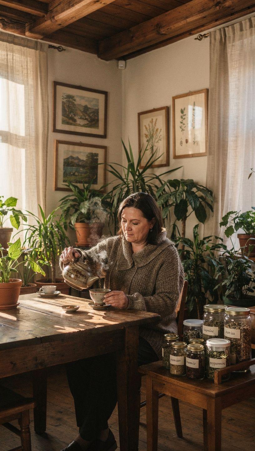 Ramus arbatos puodelis ant stalo šalia atviruko su ramybės citatomis ir natūralių augalų kompozicijos, simbolizuojančios raminančias pertraukas užimtame kasdieniame gyvenime